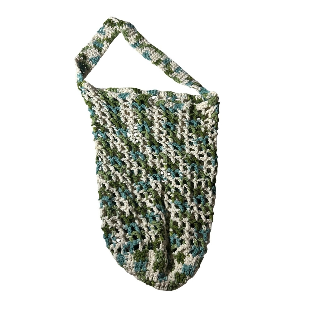 Handmade Crochet Market‎ Bag Green Blue White Boho Knit Tote Shoulder Bag